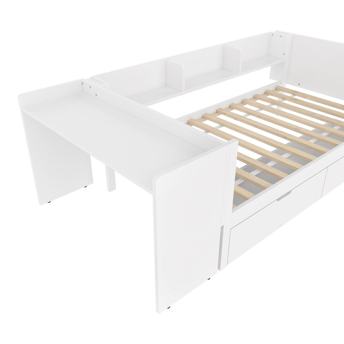 FLACHBETT 90x200cm Weiß Holz Schreibtisch 2 Schubladen Regale - Weiß, Holz (90/200cm) - FLIEKS