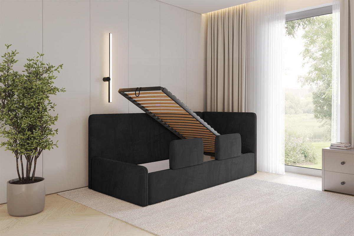 EINZELLBETT Jugendbett mit Bettkasten, Links - NORY 80x200 Schwarz - Schwarz, Holzwerkstoff/Textil (80/200cm) - ALTDECOR