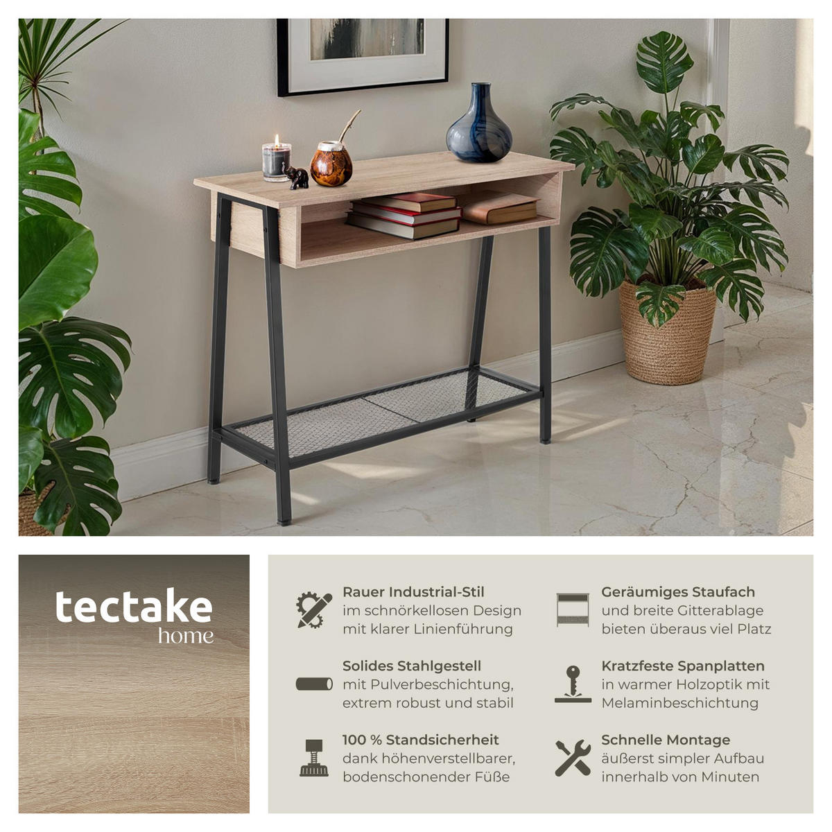 KONSOLENTISCH Tralee,100 x 35 x 80,5 cm,Industrial Holz hell, Eiche Sonoma - Naturfarben, Holzwerkstoff (100/35/80.5cm) - tectake