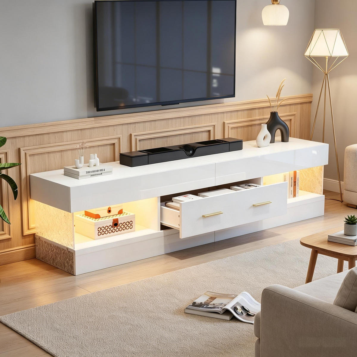 LOWBOARD in Weiß, TV Schrank mit LED, Offenen Stauraum und Schubladen, 152/35/40cm, für Wohnzimmer - Weiß, Holzwerkstoff (152/40/35cm) - STILVORA