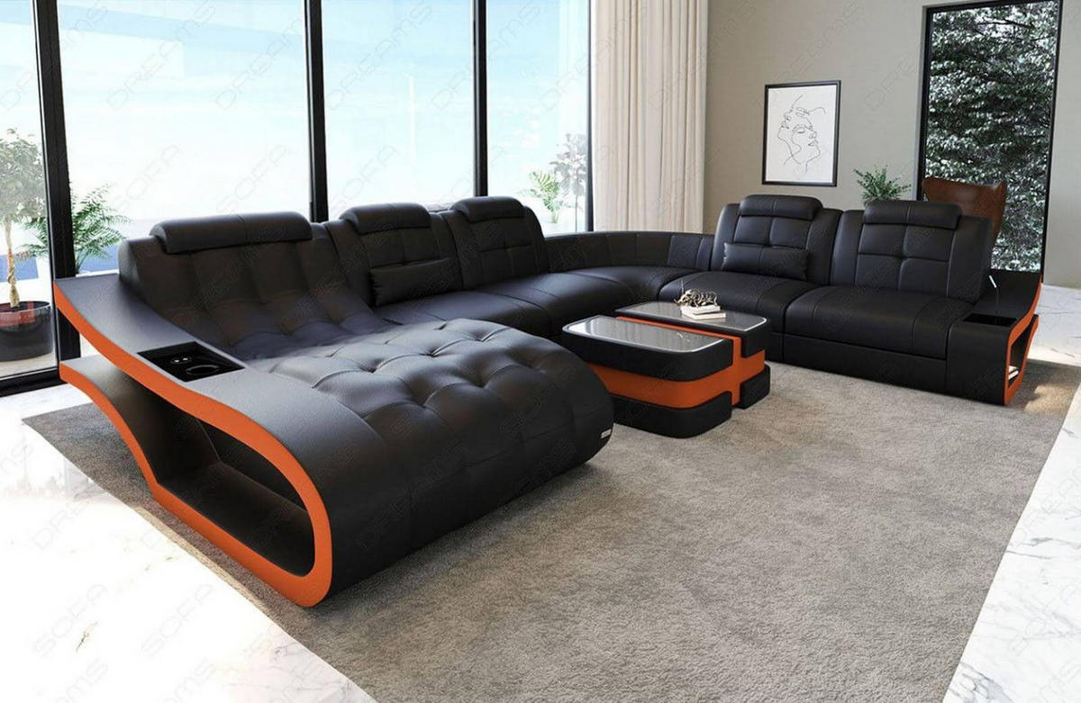 WOHNLANDSCHAFT Elegante Schwarz Orange Büffelleder - Schwarz, Leder (379/91/283cm)