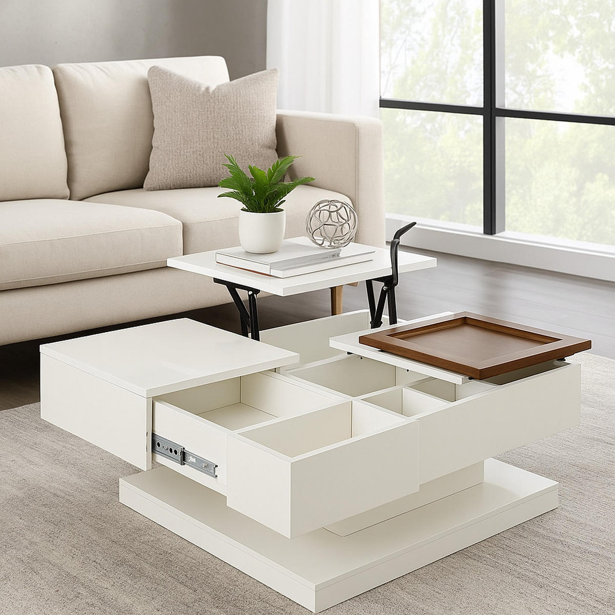 COUCHTISCH mit Hebefunktion und 2 Schubladen Hochglanz-Effekt - Weiß, Holzwerkstoff/Metall (75.5/75.5/38cm) - Urban Meuble