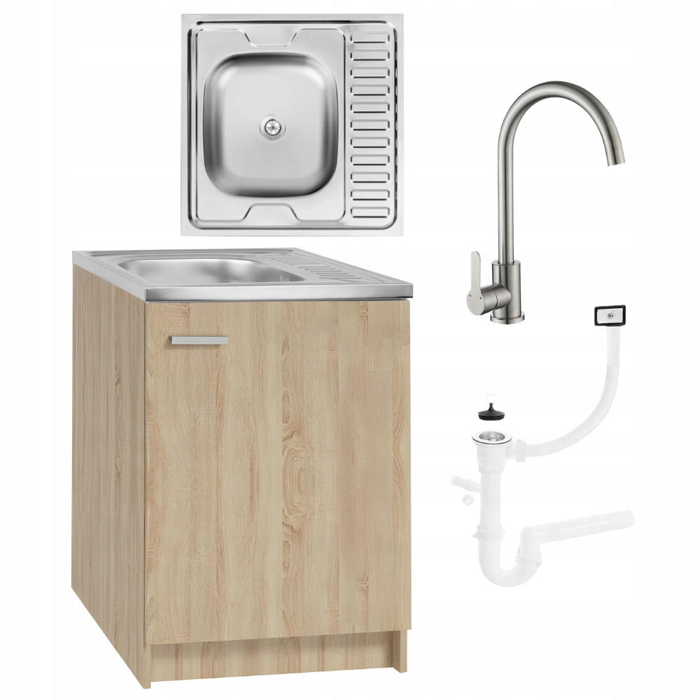 SPÜLUNTERSCHRANK 60cm mit Spüle + Armatur + Siphon Sonoma-Eiche - Sonoma Eiche, Holzwerkstoff (60/82/60cm) - Stamar