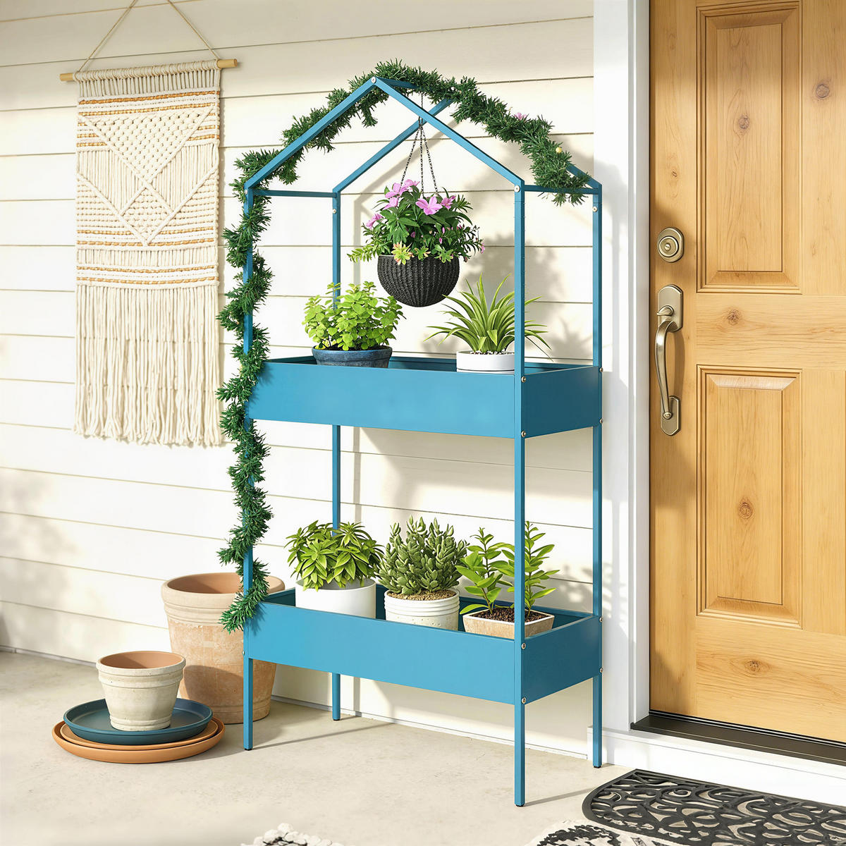BLUMENTREPPE DE-12302 2-stufig, Hausform mit Haken Blaugrün - Blau, Metall (35/150/75cm) - ComfortXL