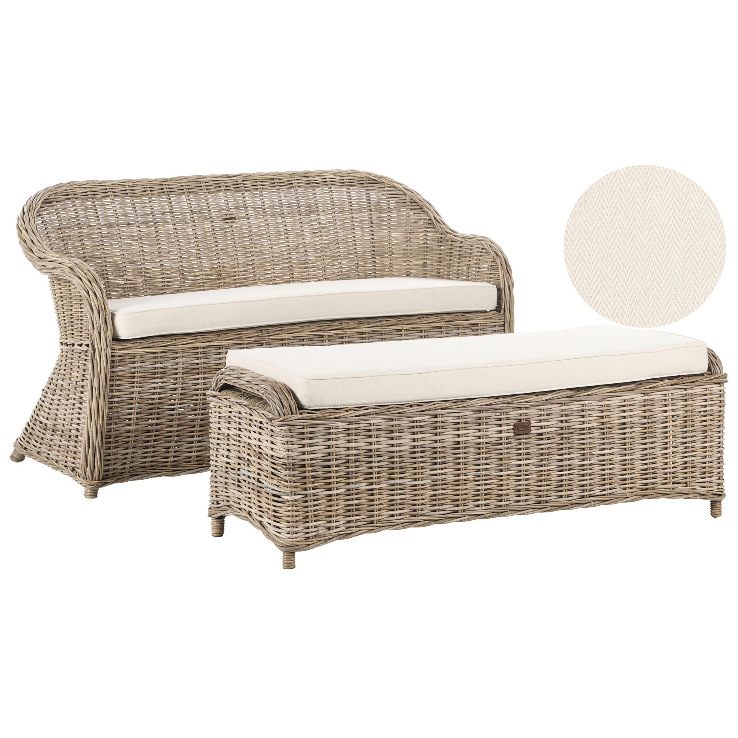 GARTENSOFA 2-Sitzer mit Ottomane Naturfarben Susua - Naturfarben/Weiß, Naturmaterialien (141/86/69cm) - Beliani