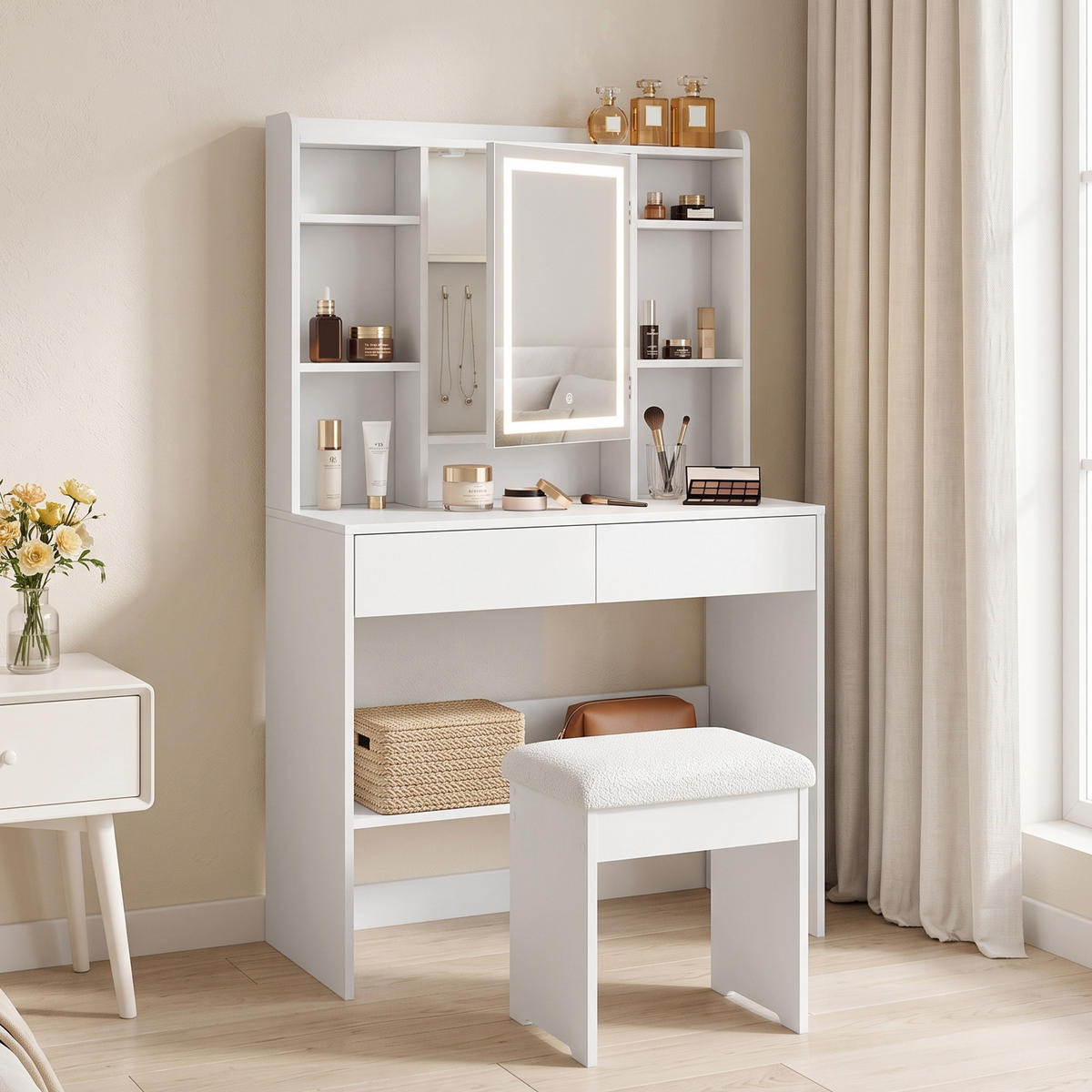 TOALETNÍ stolek MDF bílý - bílá, kompozitní dřevo (40/144.7/90cm) - HOMCOM