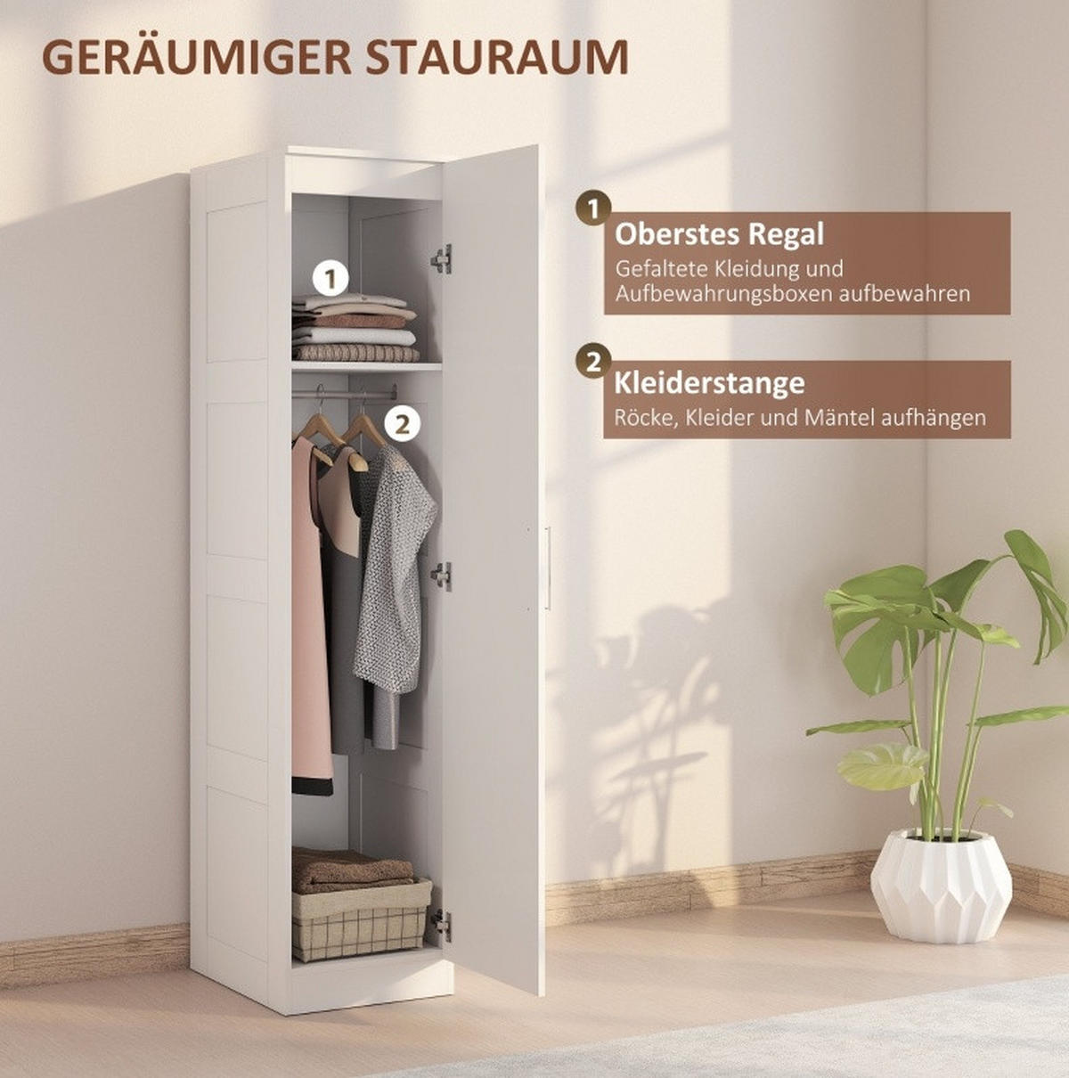 KLEIDERSCHRANK 40/52/180 cm in Weiß mit Kleiderstange und Soft-Close-Tür - Weiß, Holz (52/180/40cm) - BEAOK