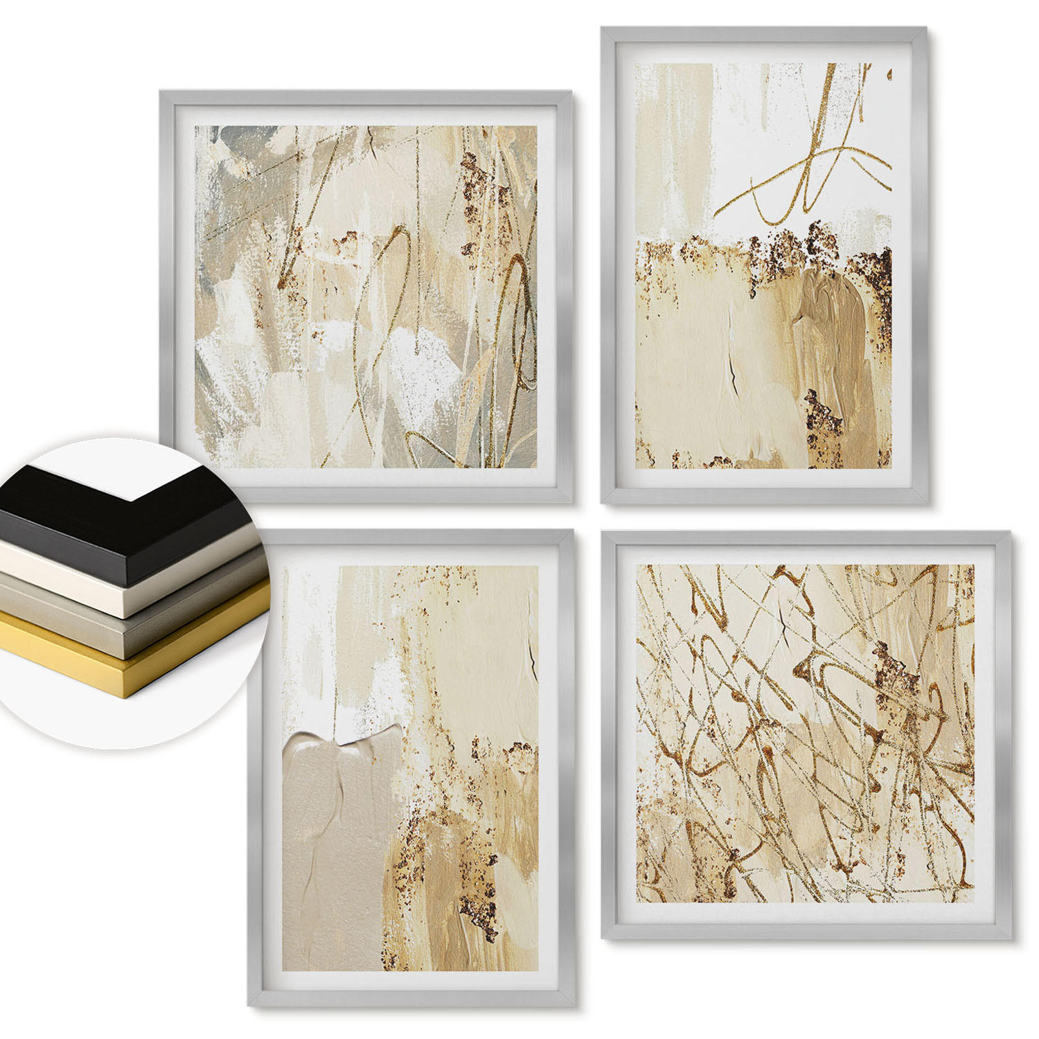 WANDBILDER 4er Set - 50x50 cm & 40x60 cm Silberner Rahmen - Abstrakte Muster beige weiß - Silberfarben, Kunststoff (50/50cm) - ArtPrintCave