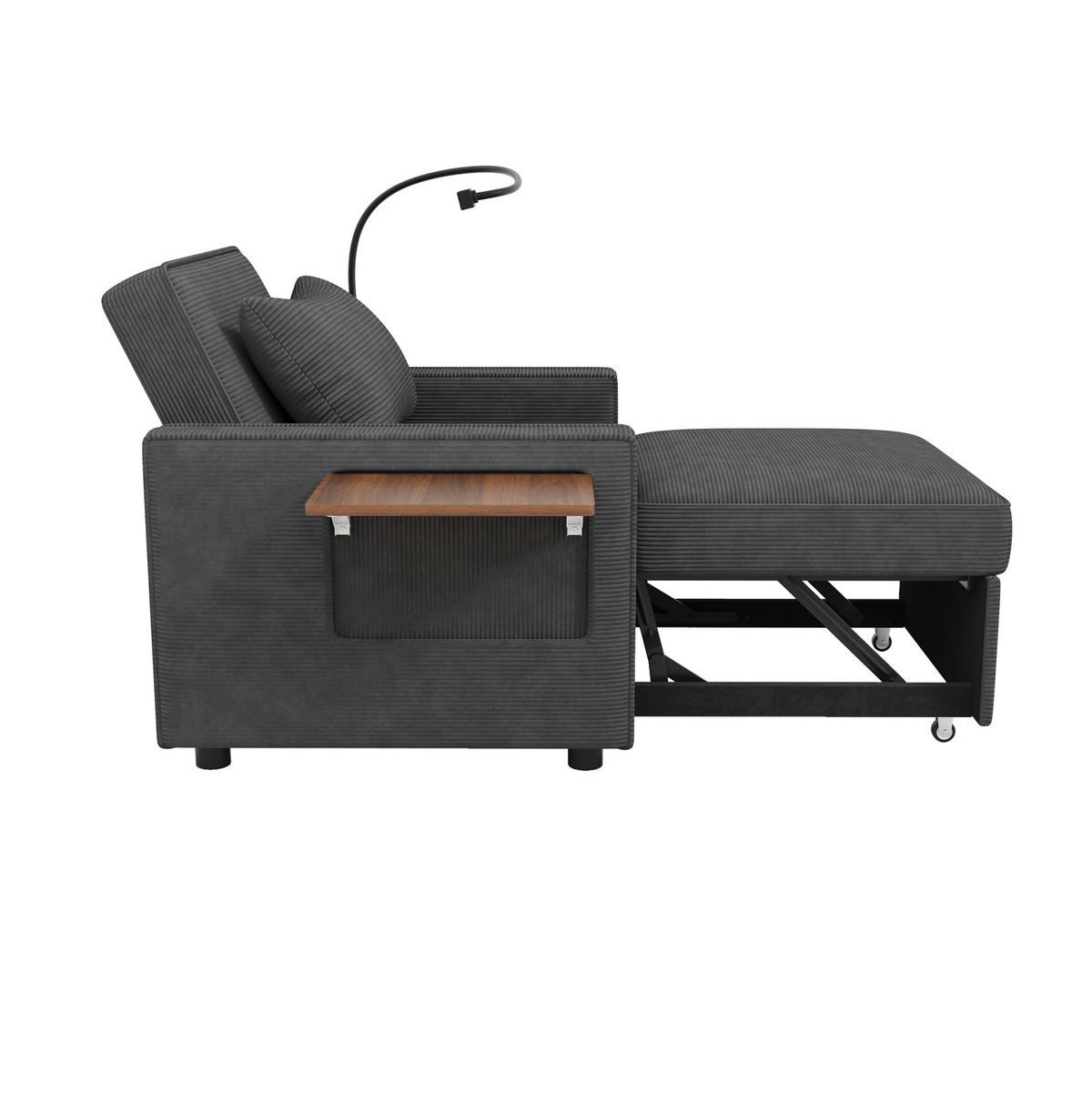 SCHLAFSOFA aus Cord 93x150x85 cm Grau mit USB-, Type-C-Anschluss, 360°-Handyhalter und Beistelltisch - Grau, Textil (150/85/93cm) - Modfu