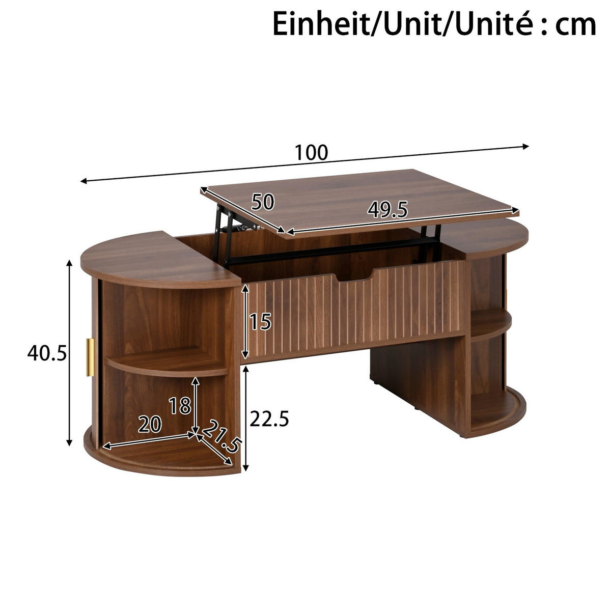 COUCHTISCH 100/50/40,5 cm höhenverstellbar mit Schiebetüren und offenen Fächern, MDF Nussbaum - Nussbaumfarben, Holzwerkstoff (100/50/40.5cm) - Modfu