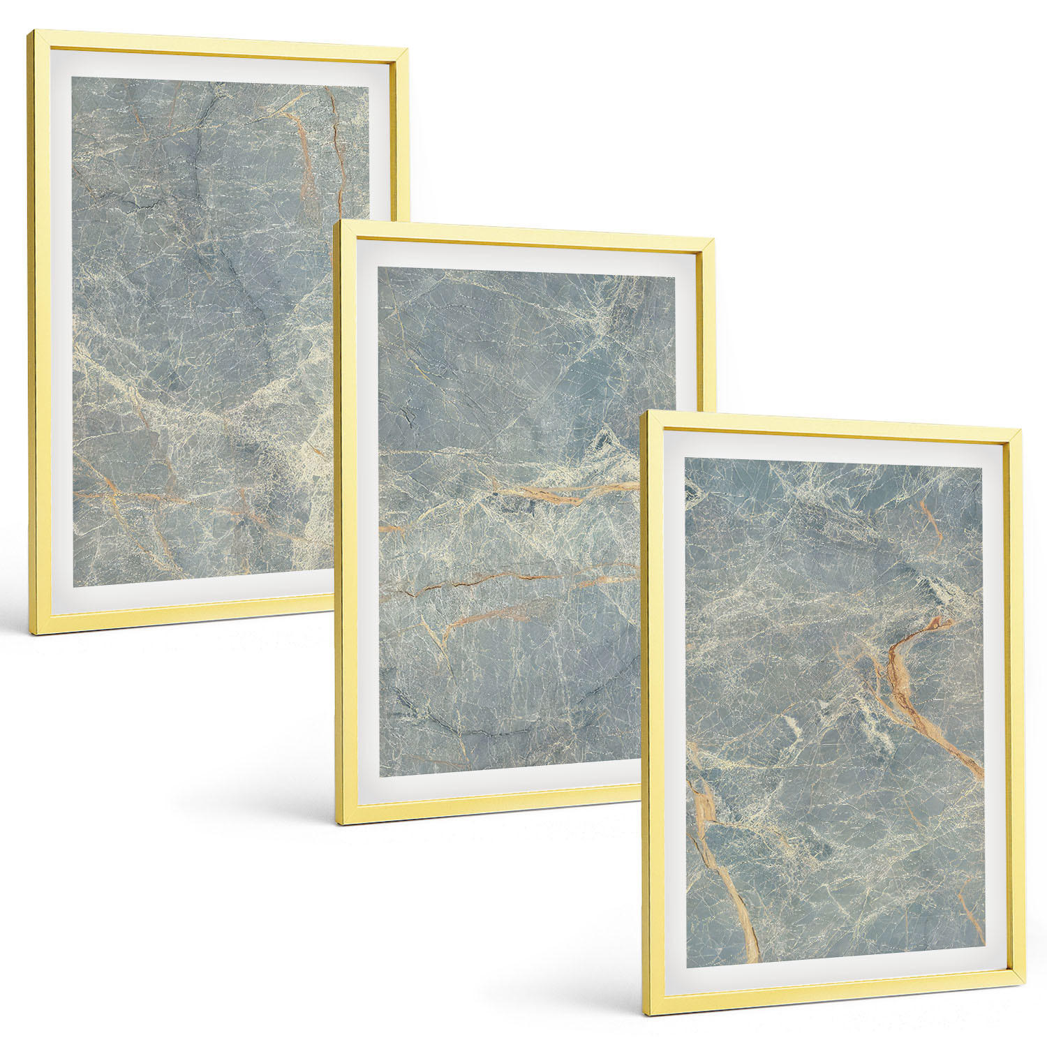 BILDER SET 3er Set - 40x60 cm Goldrahmen - Dekorativer Stein aus grünem Marmor - Goldfarben, Kunststoff (40/60cm) - TULUP