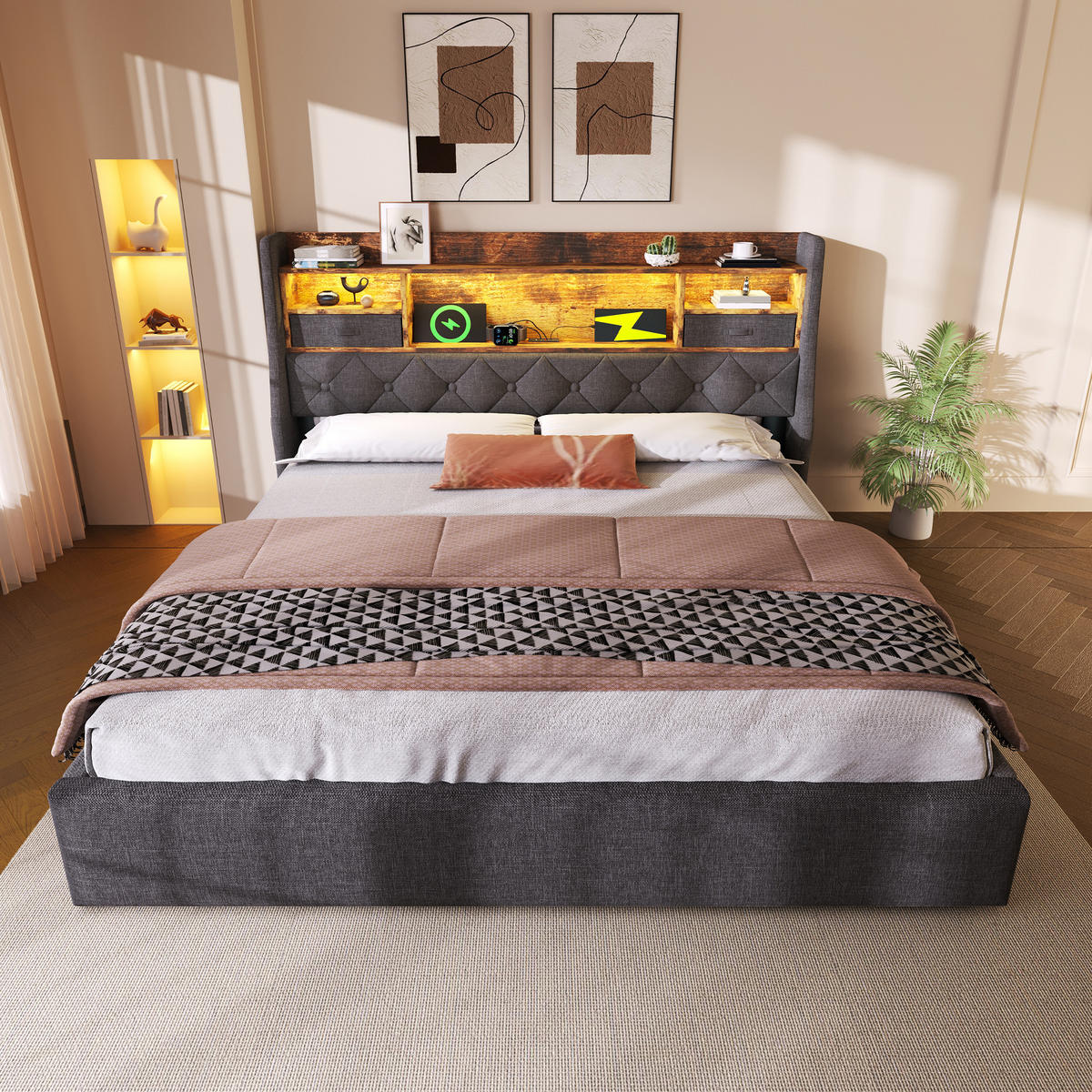 POLSTERBETT 140/200 cm Grau mit hydraulischem Stauraum und LED-Kopfteil mit Matratze - Grau, Textil (140/200cm) - OKWISH