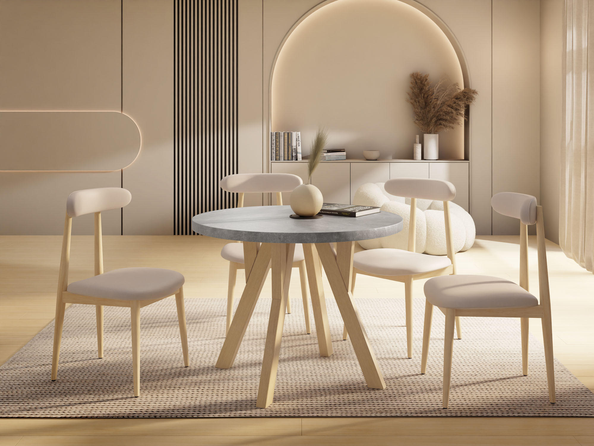 ESSTISCH Avero runder ausziehbarer, Beton grau 80-160/80/77 cm - Hellbraun/Hellgrau, Holz/Holzwerkstoff (80/80/77cm) - WFL GROUP