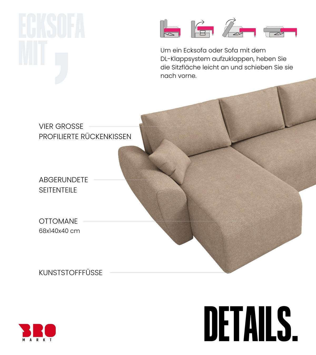 WOHLANDSCHAFT Rotterdam U mit Schlaffunktion Beige Bouclé - Creme, Textil (310/80/141cm) - Bromarkt