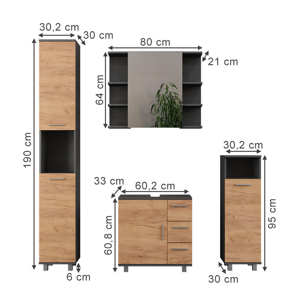 KOUPELNOVÝ NÁBYTEK Ilias Zlatý dub power/antracit - medově dubová, kompozitní dřevo (60.2/60.8/33cm) - Vicco
