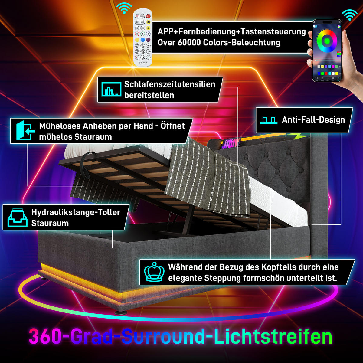 POLSTERBETT 90/200 cm Grau aus Leinen mit LED und Bettkasten - Grau, Textil (90/200cm) - OKMYHOME