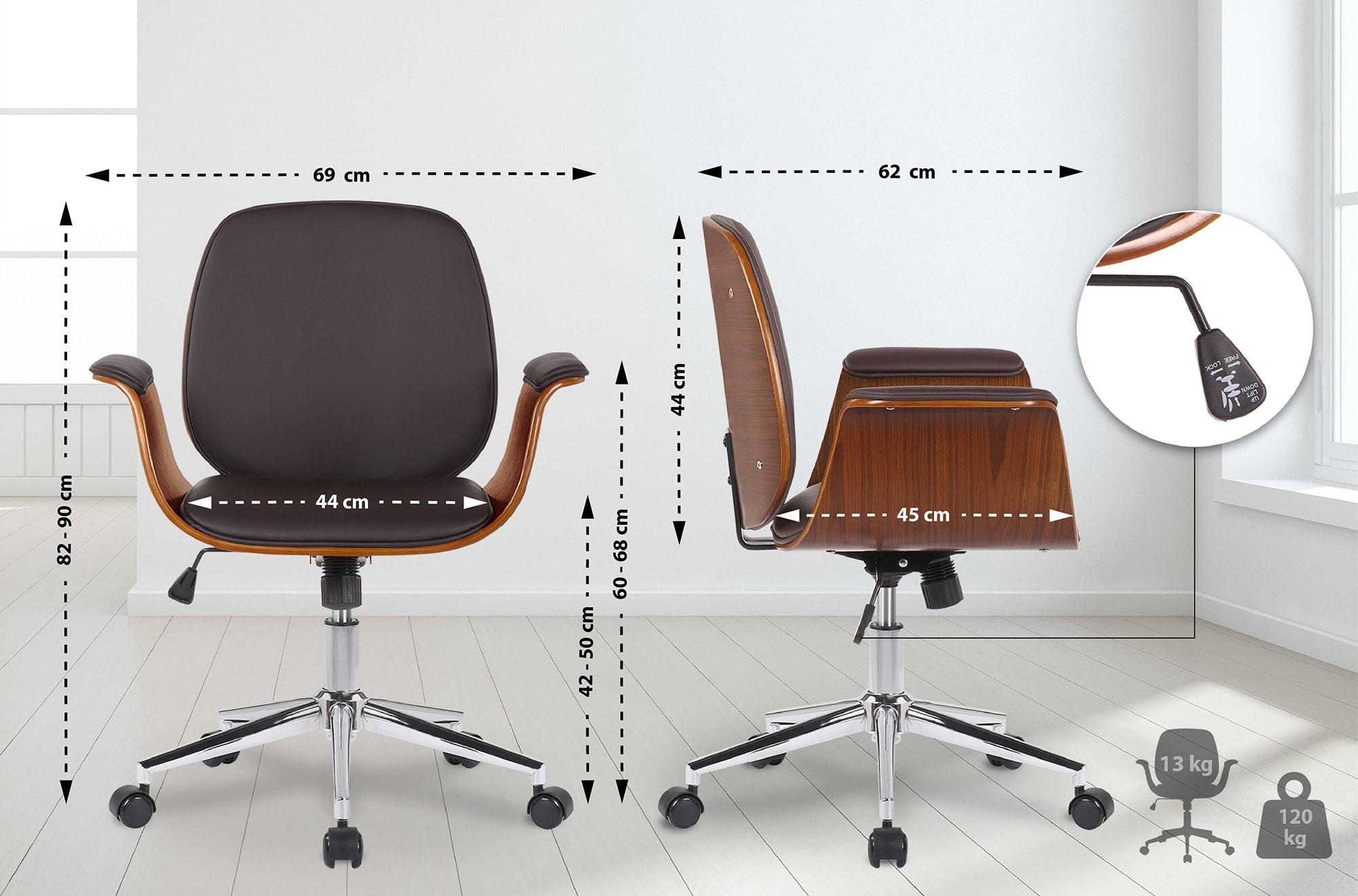 DREHSTUHL Holz walnuss/braun - Chromfarben/Walnussfarben, Holz/Textil (69/82/62cm) - CLP