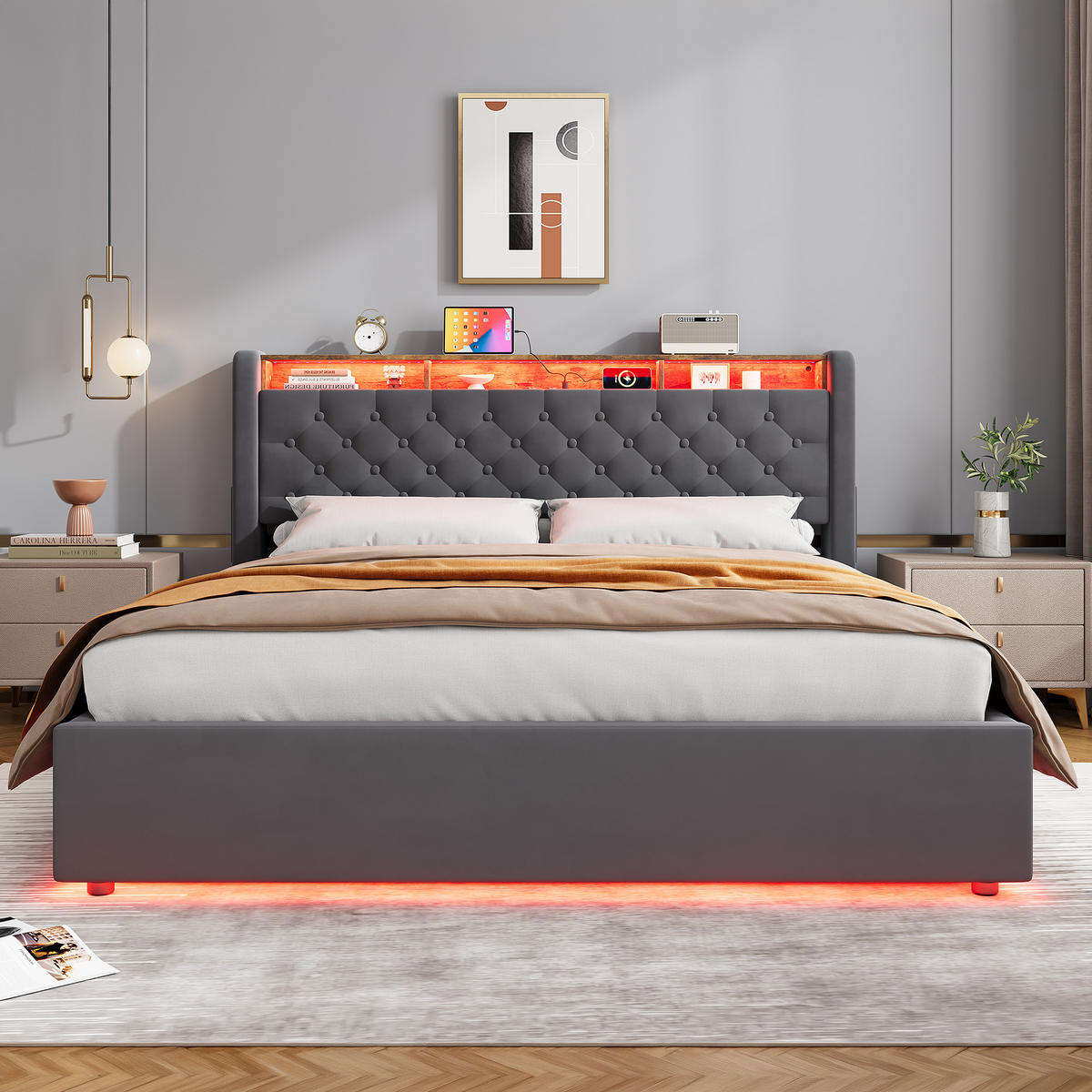 POLSTERBETT 160/200 mit Bettkasten und Stauraumbett mit Schubladen und LED Funktionbett ohne Matratze - Grau, Holzwerkstoff/Textil (160/200cm) - STILVORA