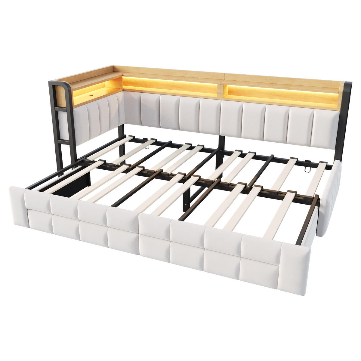 AUSZIEHBETT 90/180/200 cm DE-32703 mit Stauraum und LED Beige - Beige, Metall (90/200cm) - ComfortXL