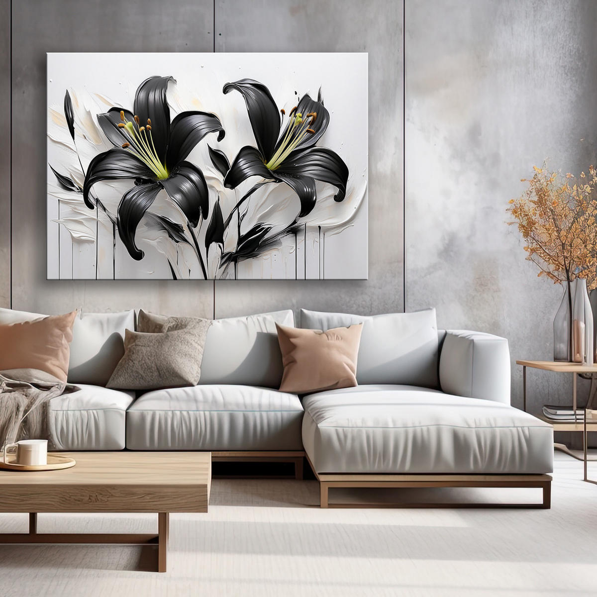 WANDBILD abstrakte blumen schwarze lilien - Schwarz, Textil (60/40cm) - Feeby