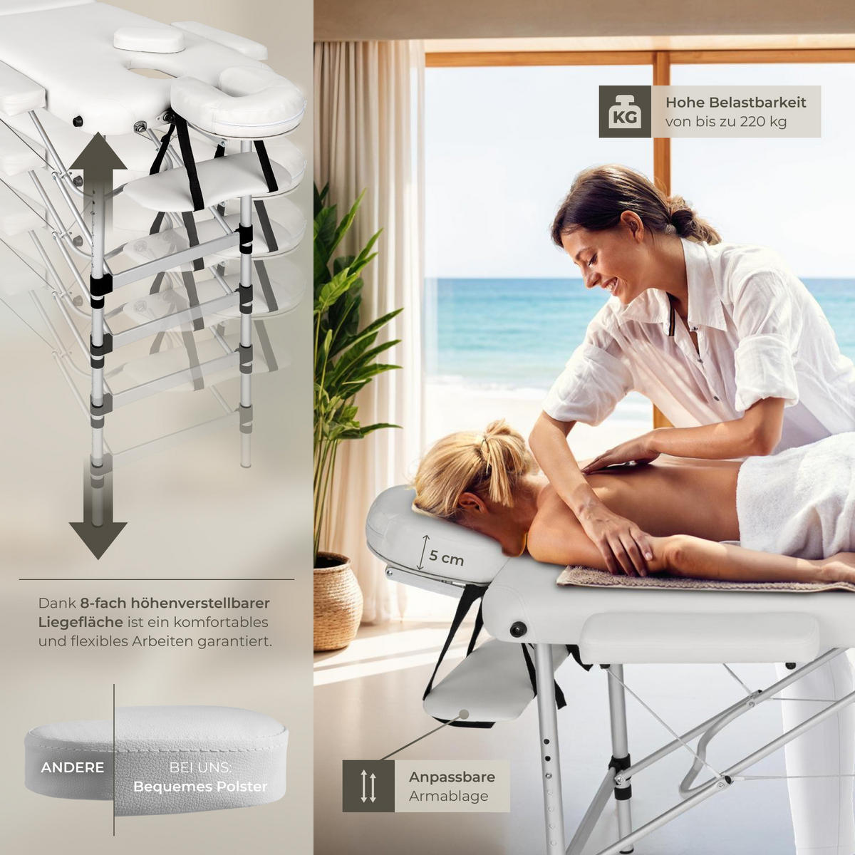 MASSAGELIEGE 3 Zonen, 210 x 95 x 89 cm,weiß - Weiß, Metall (95/89/210cm) - tectake