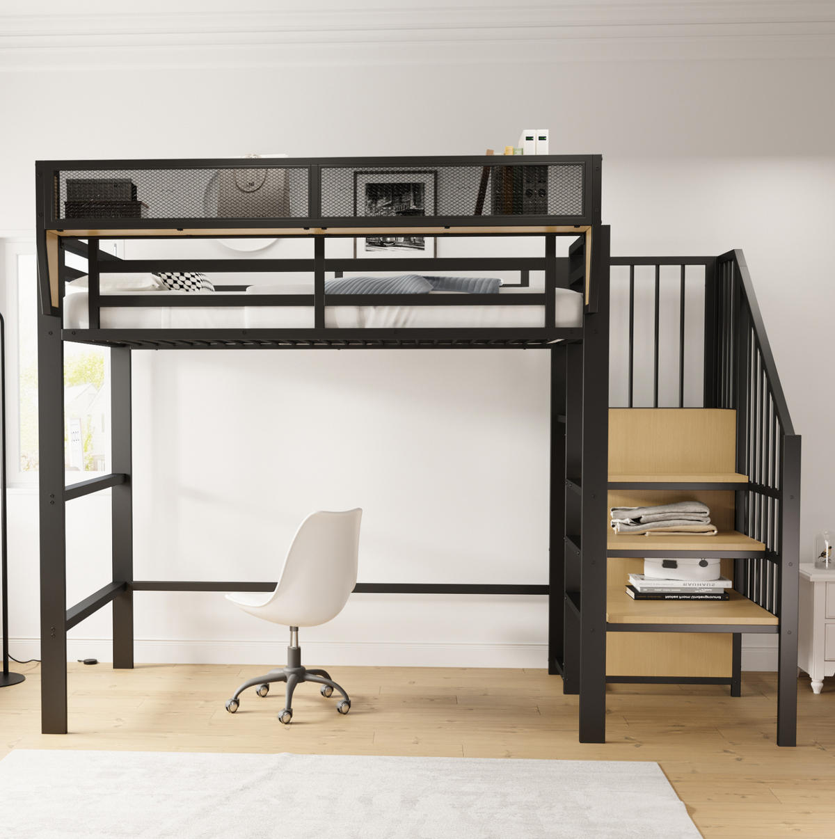 HOCHBETT 90/200 cm Schwarz aus Metall mit Sicherheitsleiter und Ablagefach - Schwarz, Metall (90/200cm) - OKWISH