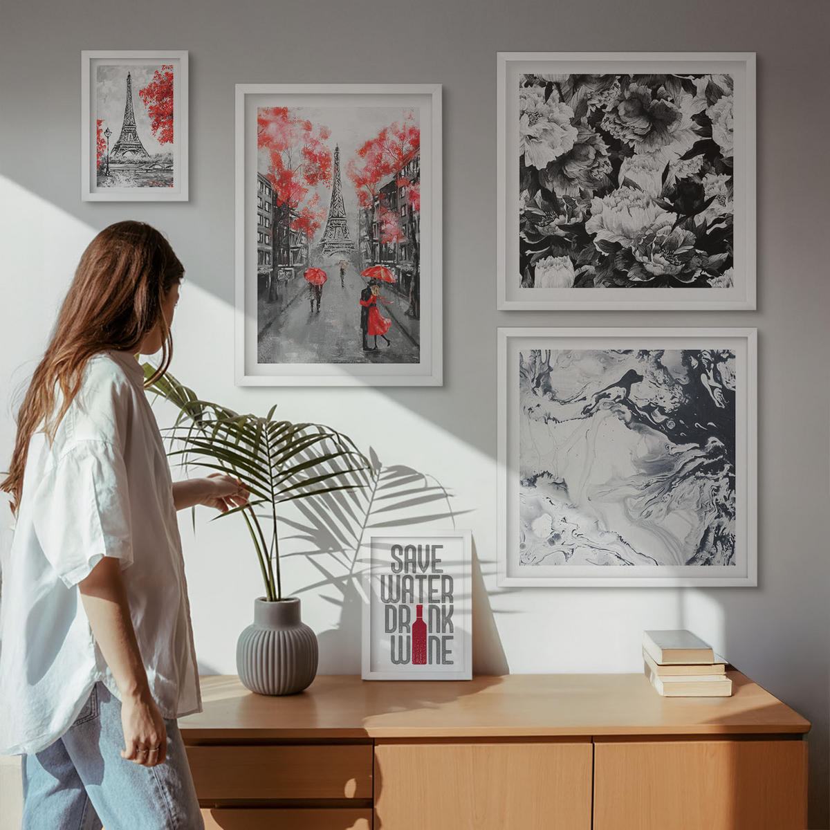 WANDBILDER 5er-Set - 50x50 cm & 20x30 cm & 40x60 cm Weißer Rahmen - graue Gemälde des Eiffelturms - Weiß, Kunststoff (40/60cm) - ArtPrintCave
