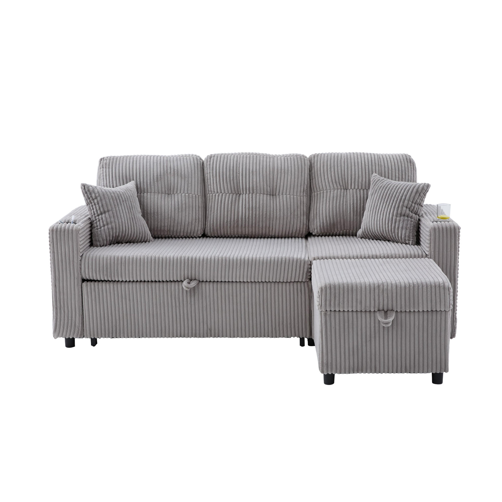 ECKSCHLAFSOFA 196/144/85 cm Hellgrau mit Stauraum, USB-C, Ambientebeleuchtung und Getränkehaltern - Hellgrau, Textil (196/82cm) - Oxeza