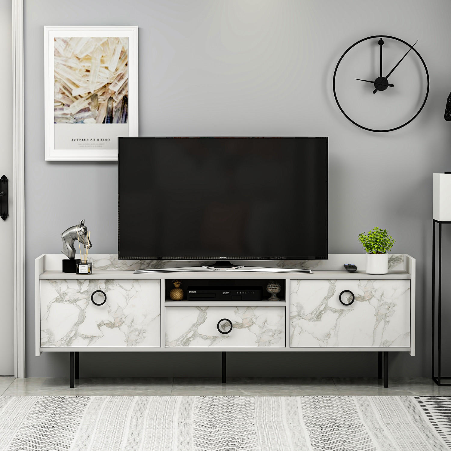 TV-LOWBOARD Büsra Weiß Holz und Marmor Optik 3 türig 9208 - Weiß/Grau, Holzwerkstoff/Metall (184/63/37cm) - moebel17