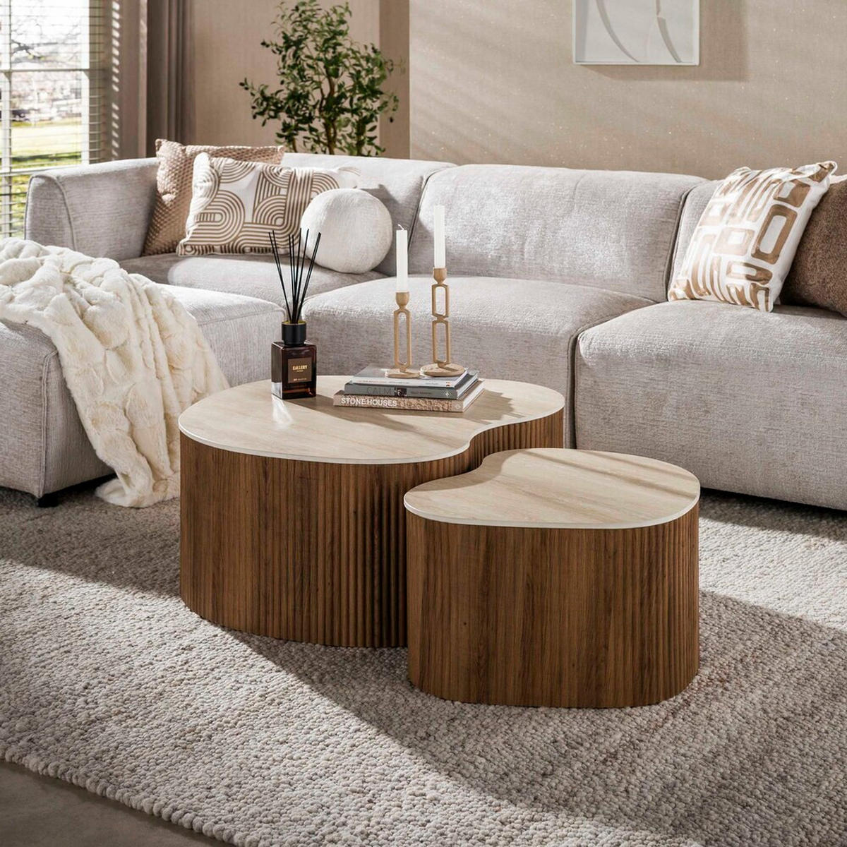 COUCHTISCH CERAMO MEDIO 2-teilige organische Lounge-Tische im Monolith-Design - Hellbraun/Beige, Keramik (90/85/39cm) - alesvelt