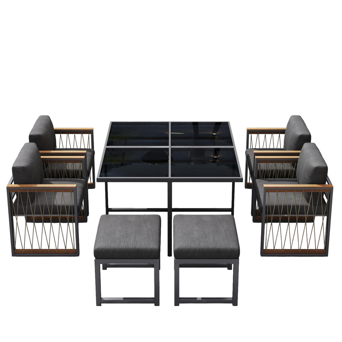 GARTEN-ESSGRUPPE 7-tlg. mit Tisch 117x117 cm Schwarz/Natur - Schwarz, Metall - Beauniv