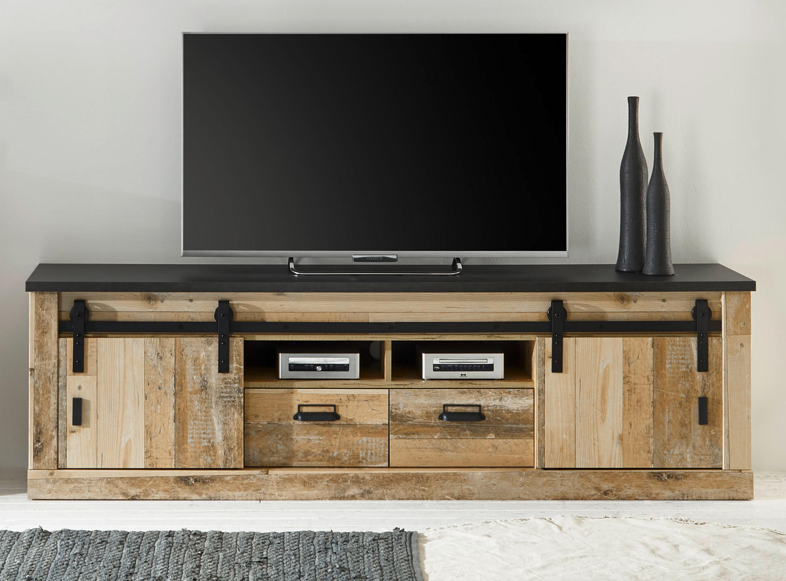 TV-LOWBOARD Used Wood hell, anthrazit 201 x 61 cm, TV Unterteil in Komforthöhe - Anthrazit/Schwarz, Holzwerkstoff/Metall (201/61/63cm) - Furn.Design