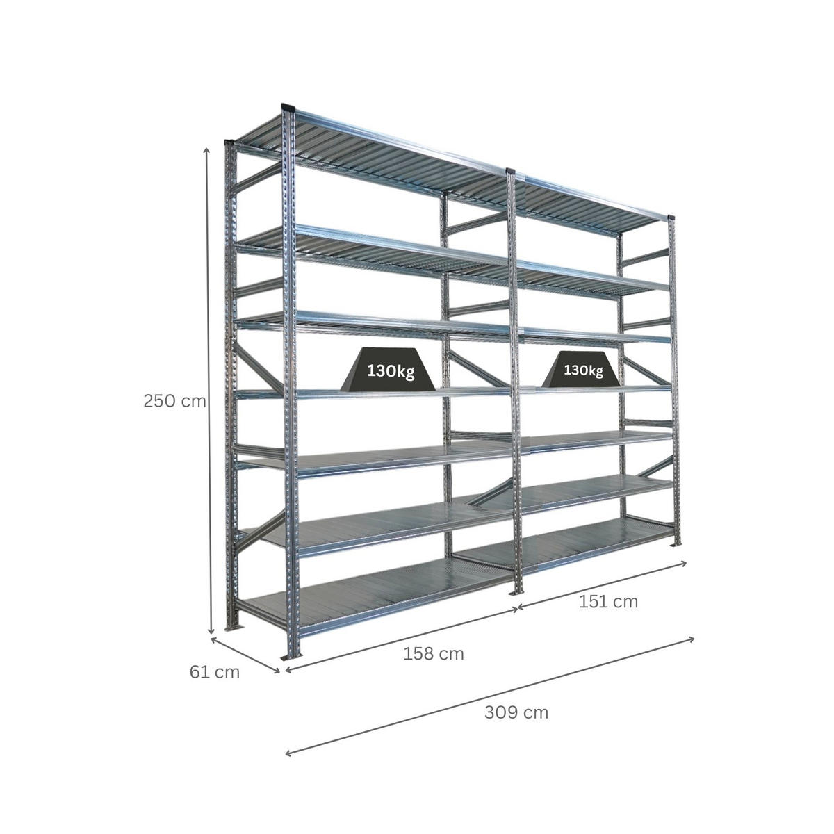 FACHBODENREGAL Proximo Stecksystem 250x300x60cm 7 Ebenen Beidseitig nutzbar Verzinkt - Silberfarben, Metall (300/250/60cm) - PROREGAL