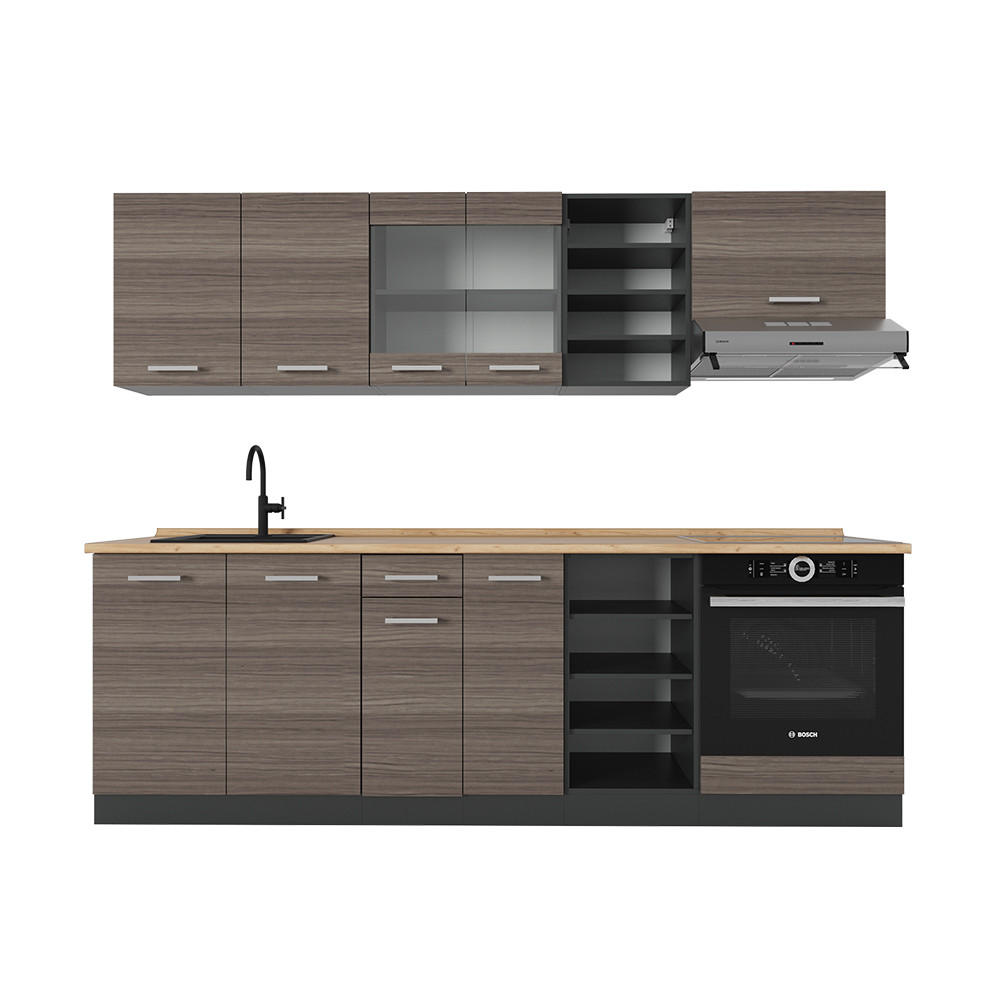 KÜCHENZEILE R-Line Edelgrau/Anthrazit 240 cm ohne Arbeitsplatte - Anthrazit/Braun, Holzwerkstoff (240/81.6/46cm) - Vicco