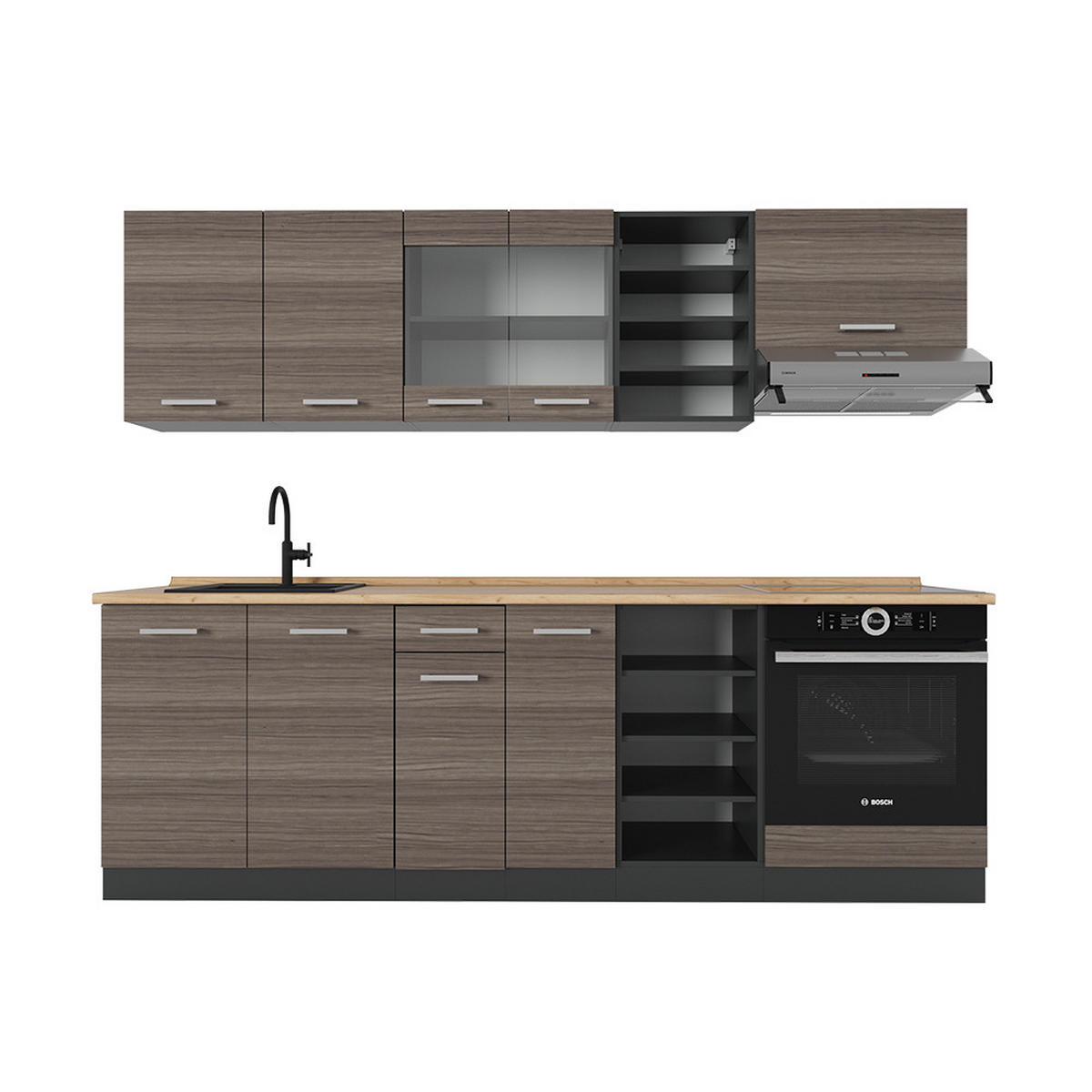 KÜCHENZEILE R-Line Edelgrau/Anthrazit 240 cm ohne Arbeitsplatte - Anthrazit/Braun, Holzwerkstoff (240/81.6/46cm) - Vicco