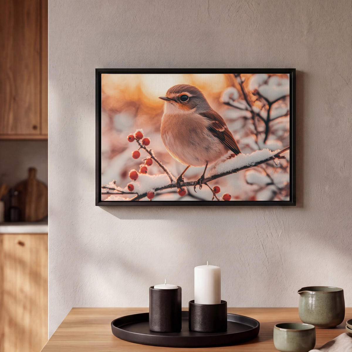 LEINWAND Bilder mit Rahmen - Vogel - Zweig - Winter - Tiere - Schnee - 30x20 - Bernsteinfarben, Textil (30/20cm) - MuchoWow