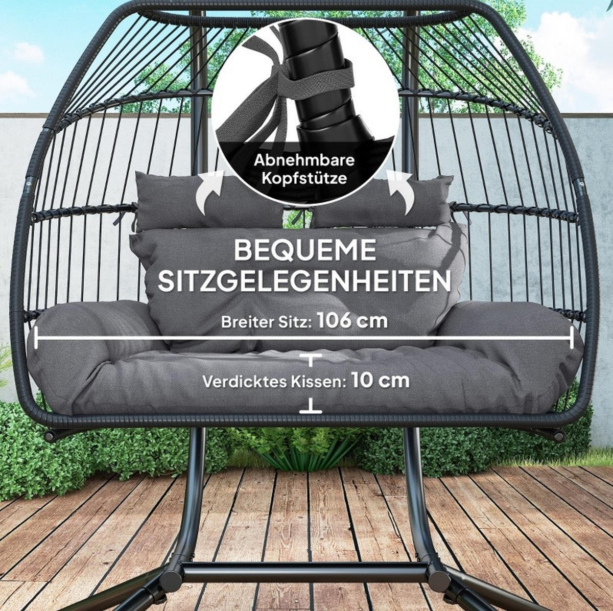 HÄNGESESSEL aus Rattan 170x100x185 cm in Dunkelgrau mit klappbarem Korb - Dunkelgrau, Naturmaterialen (100/185/170cm) - Modfu