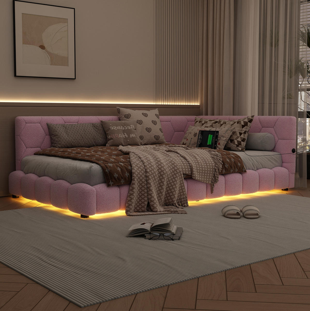 TAGESBETT 90/200 cm mit LED-Beleuchtung, USB- und Typ-C-Anschluss, Vliesimitat, Rosa - Rosa, Textil (90/200cm) - Redom