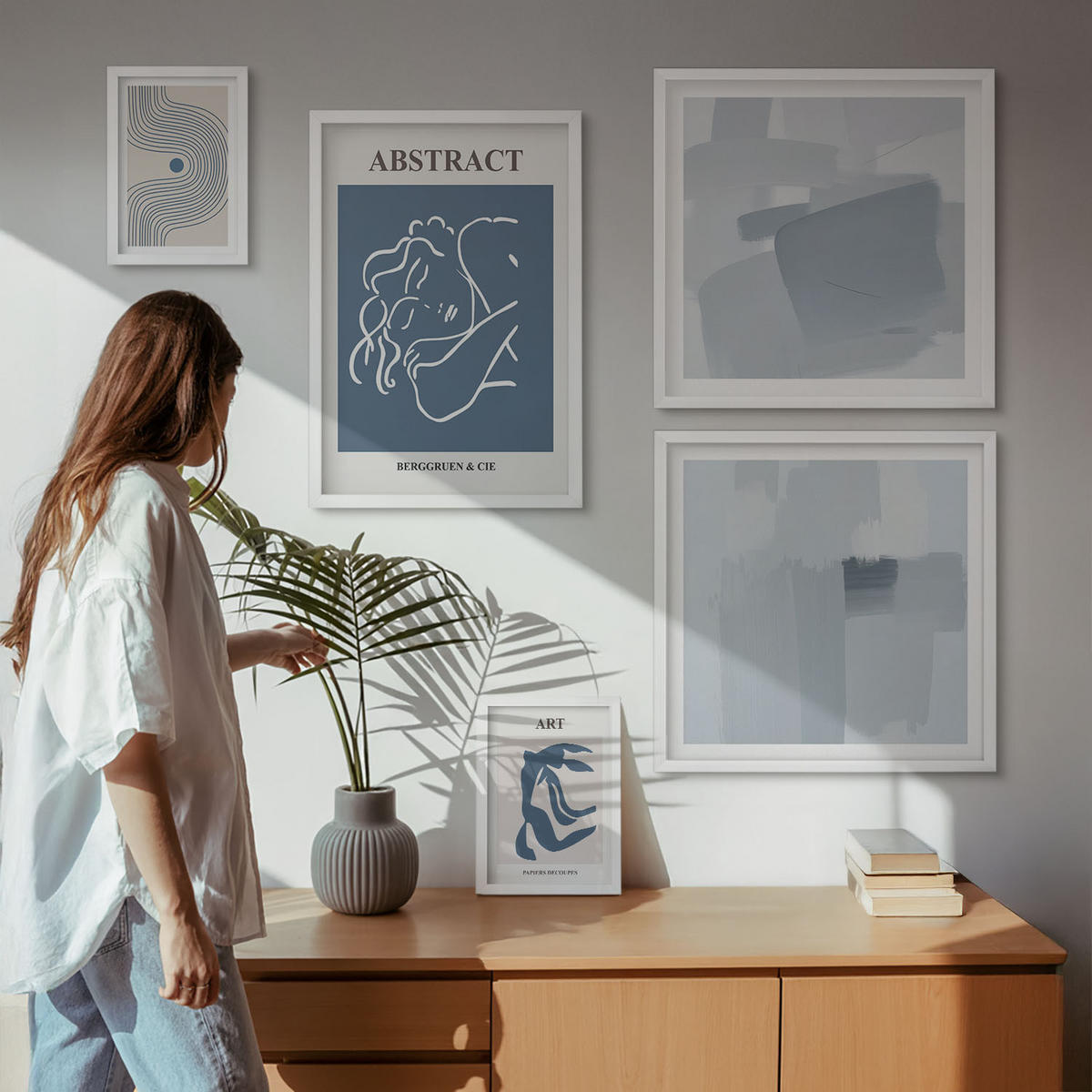 BILDER SET 5er Set - 50x50 cm & 20x30 cm & 40x60 cm Weißer Rahmen - Poster mit abstrakten Linien und Wellen - Weiß, Kunststoff (40/60cm) - TULUP