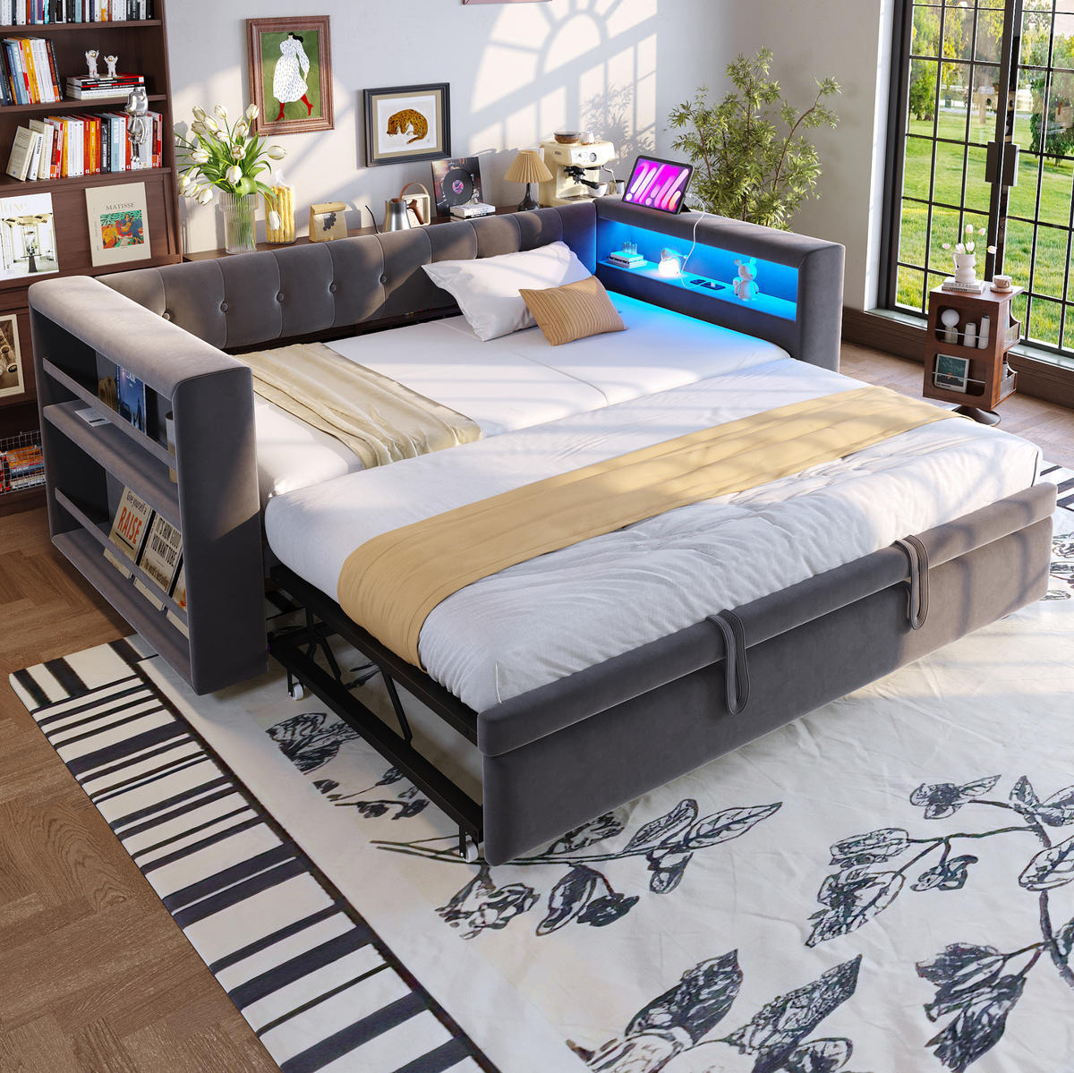 POLSTERBETT 90/180 x 190 cm aus Flannelette mit LED und Stauraum Dunkelgrau/Hellgrau - Dunkelgrau, Textil (90/180cm) - Modenvie