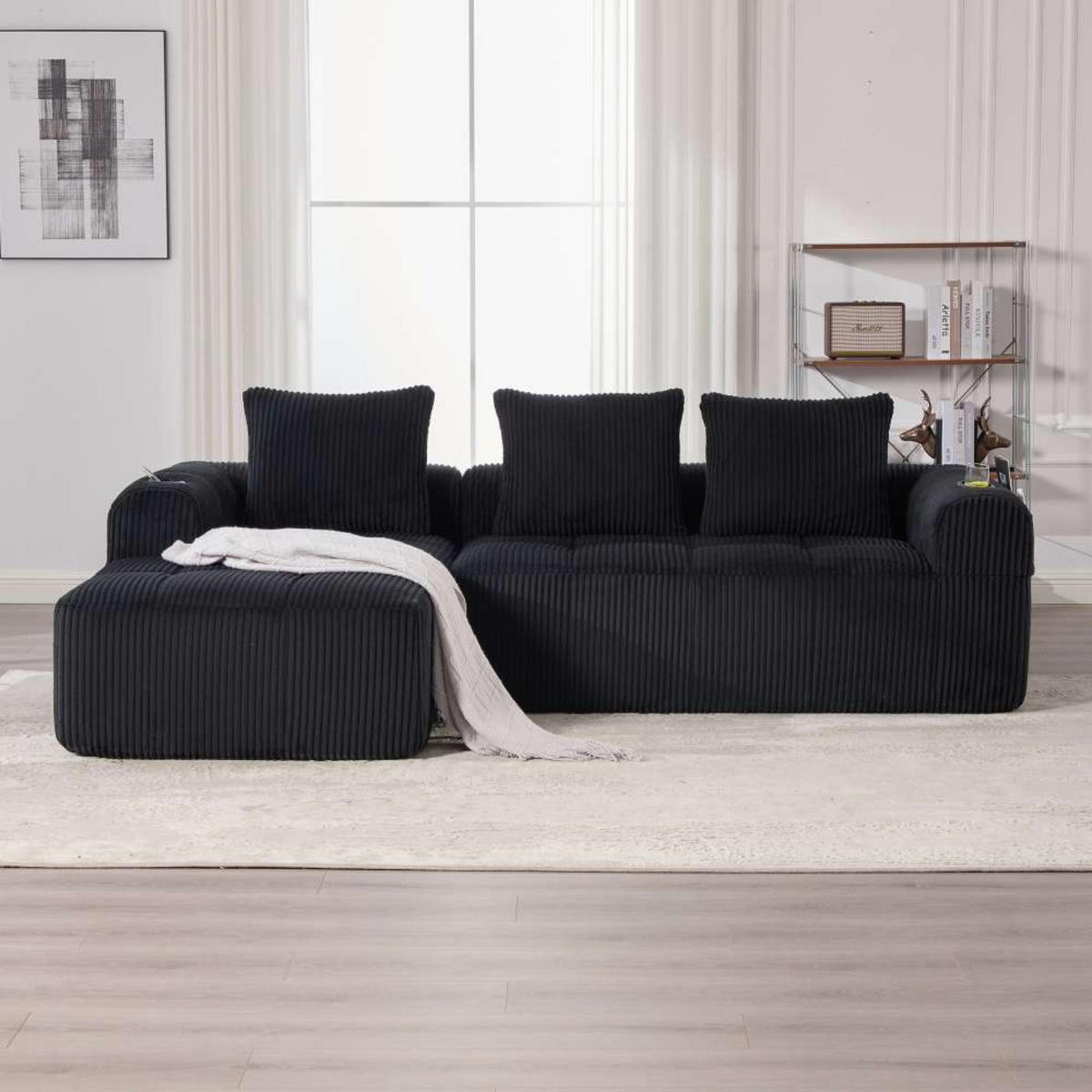 ECKSOFA mit Seitentasche und Getränkehalter, inkl. Kissen, Schwarz - Schwarz, Textil (253/61/158cm) - Kaket