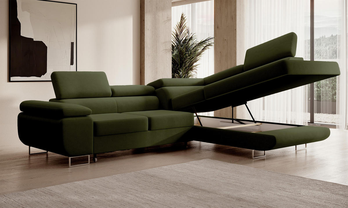 ECKSOFA Stevil Olivgrün Velours - Silberfarben/Olivgrün, Textil/Metall (275/203cm) - Selsey