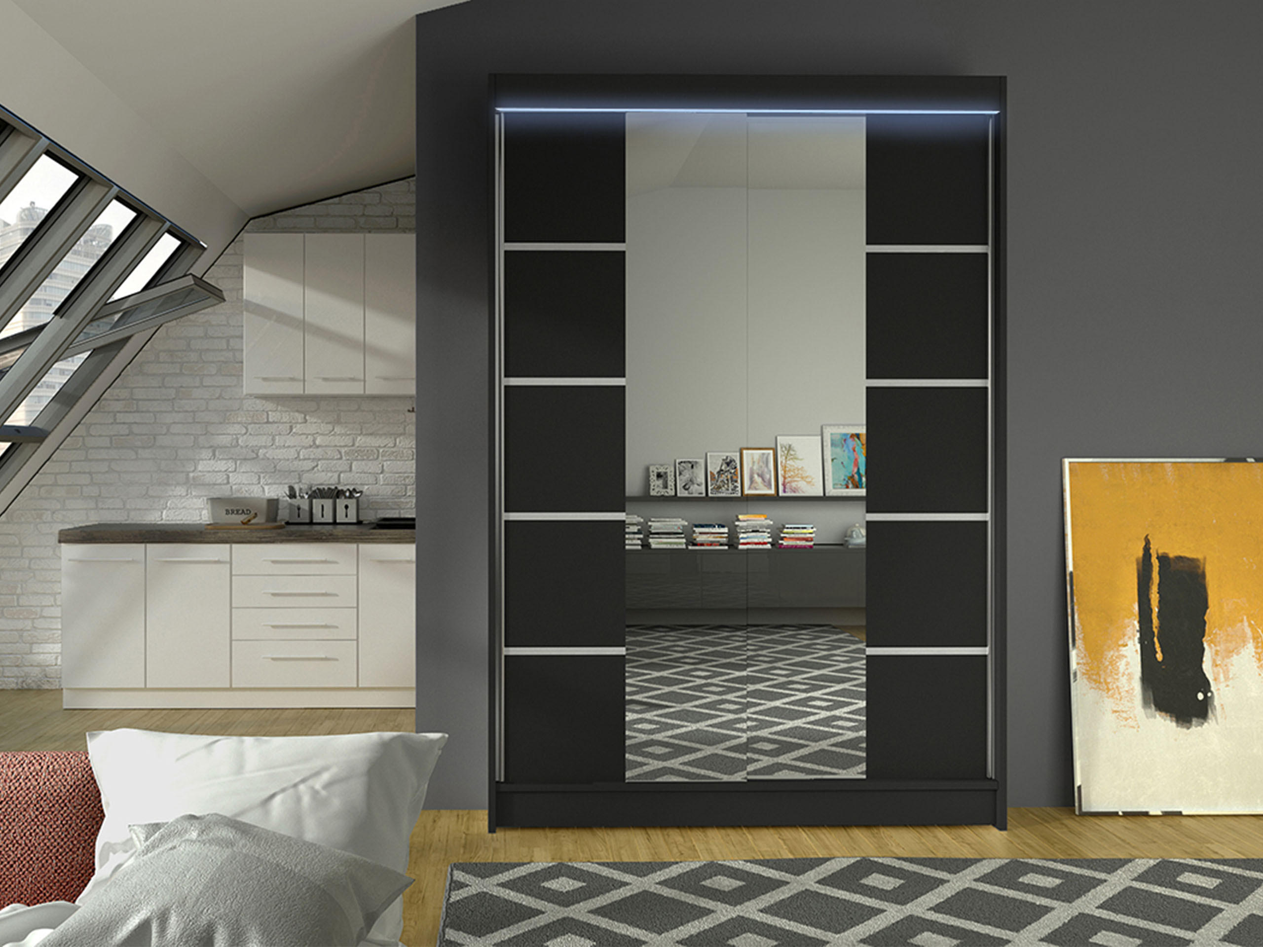 SCHWEBETÜRENSCHRANK Lino V mit RGB LED Beleuchtung - Schwarz, Holzwerkstoff/Metall (120/200/58cm) - MIRJAN24