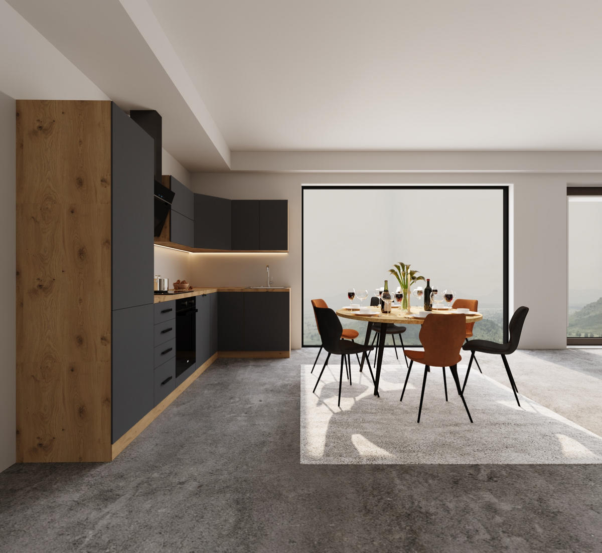 WINKELKÜCHE 300 cm x 140 cm- Langen KL6-M300 - in Grau/Matt - Schwarz/Grau, Holz/Holzwerkstoff (440/212/58cm)