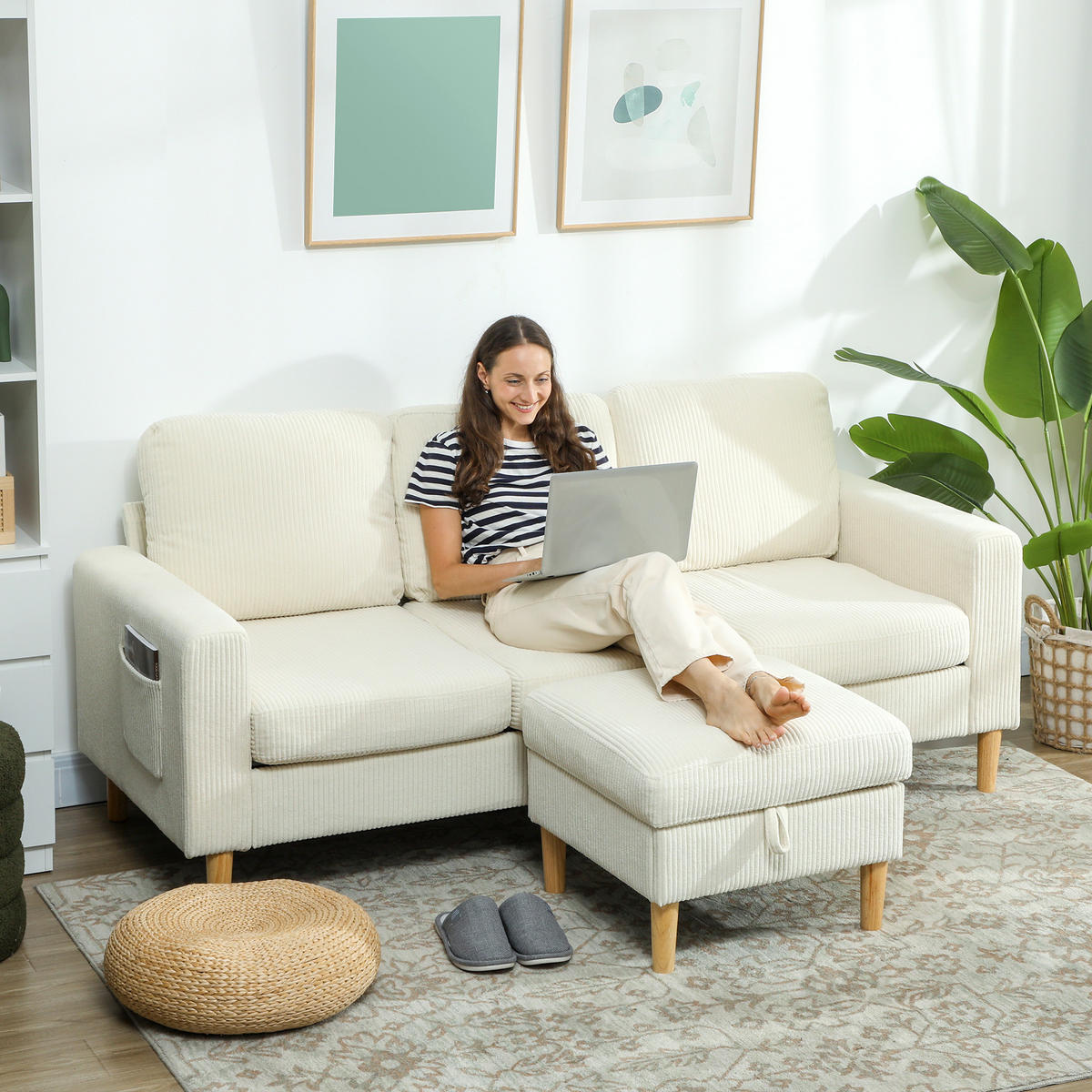 3-SITZER-SOFA DE-13447 mit Fußhocker, Federkern Beige - Beige, Textil (138/85/192cm) - ComfortXL