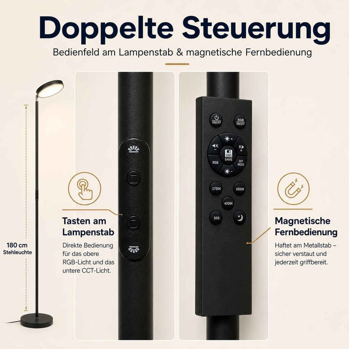 STEHLEUCHTE FL1081 LED RGB CCT Schwenkbar - Schwarz, Metall (25/25/180cm) - LOVHAUS