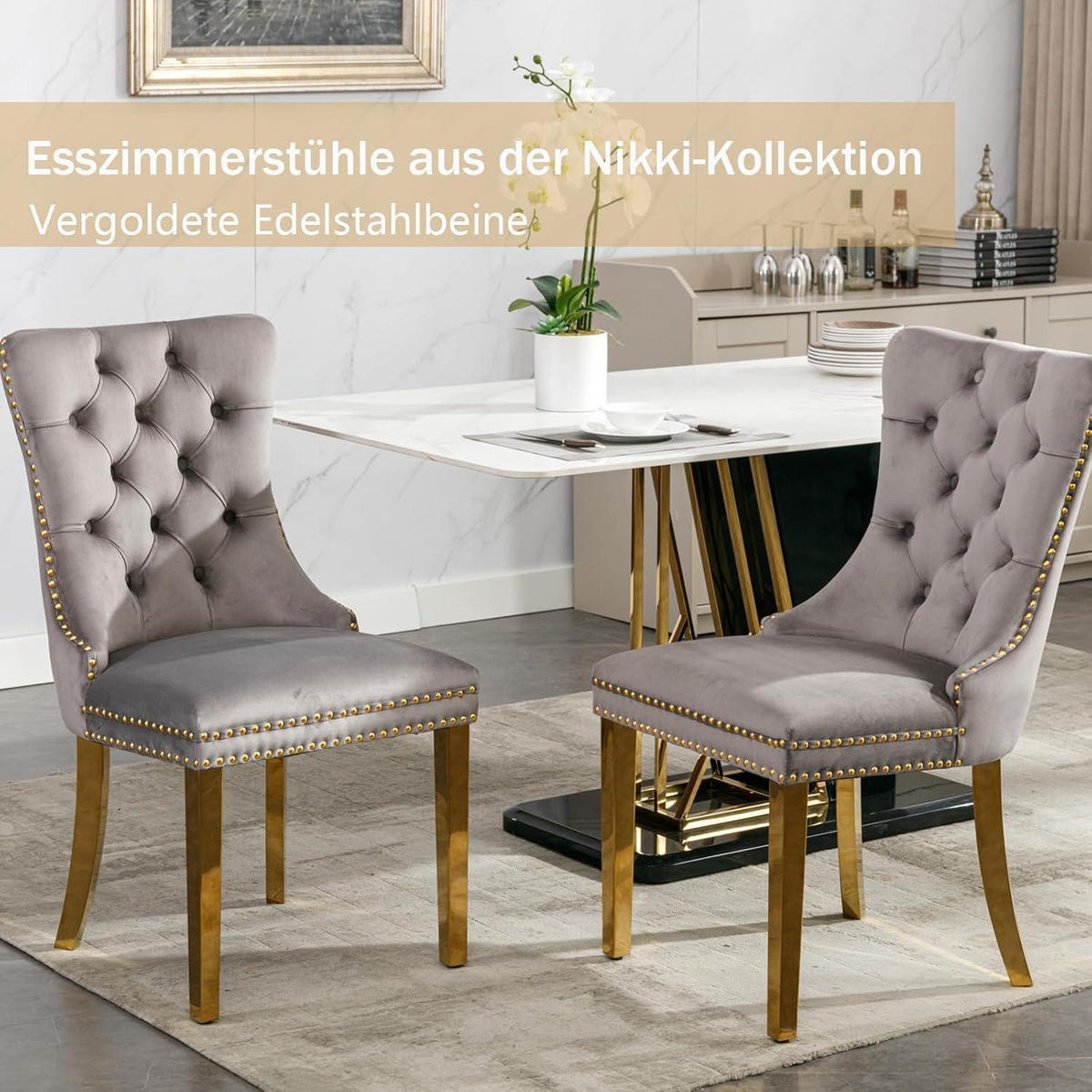 ESSZIMMERSTÜHLE 6er-Set Samt Grau mit goldenen Edelstahlbeinen - Grau, Textil (50/95.2/62cm)