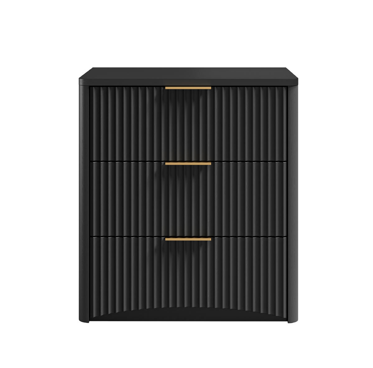 NACHTTISCH aus MDF 58x38x64 cm Schwarz mit 3 Schubladen, Dämpfungssystem und Rillenfront - Schwarz, Holzwerkstoff (58/64/38cm) - Modfu