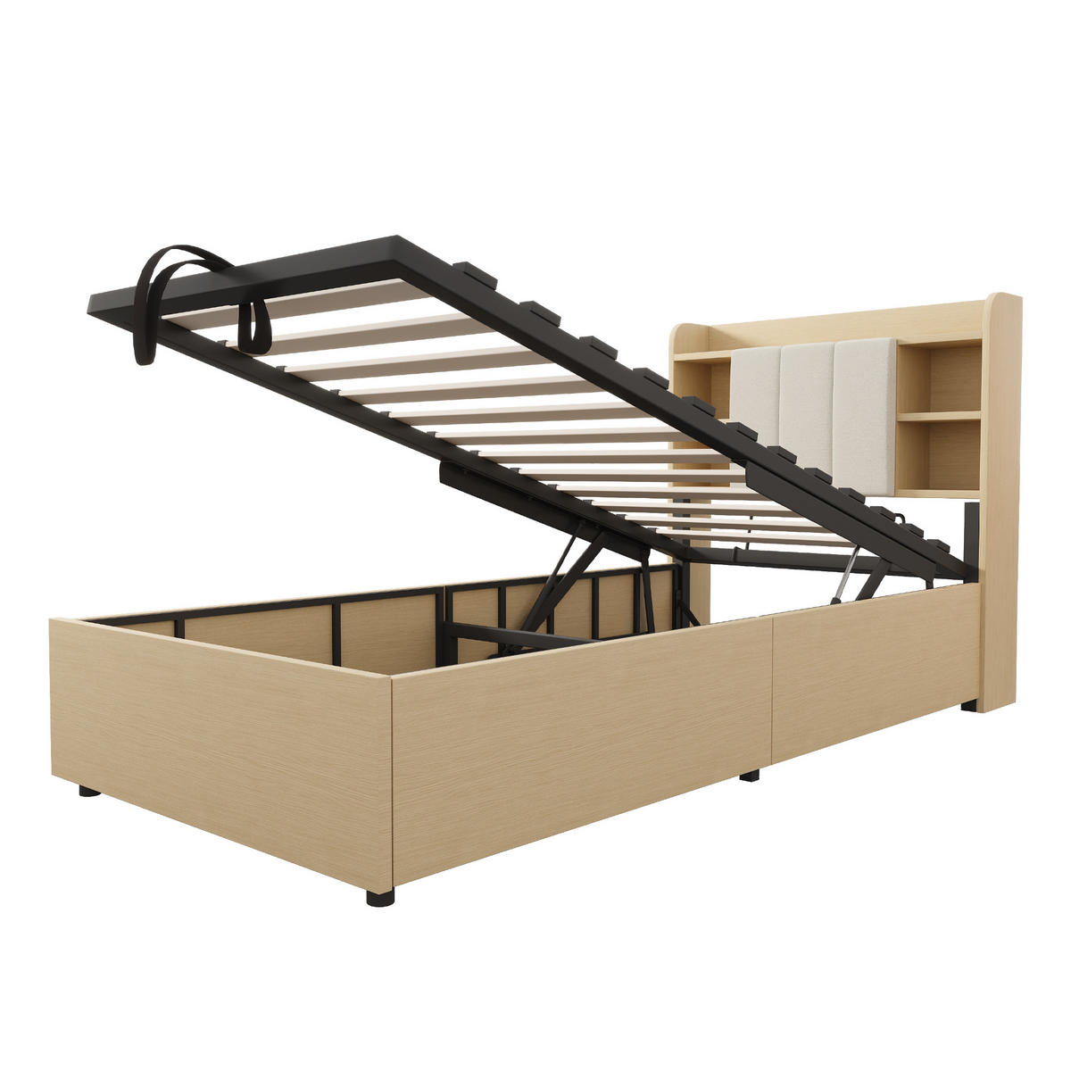 POLSTERBETT 90/200 cm Holzfarbe mit Stauraum, Ausgestattet mit USB und Tape-C-Steckdose - Naturfarben, Holz (90/200cm) - Oxeza