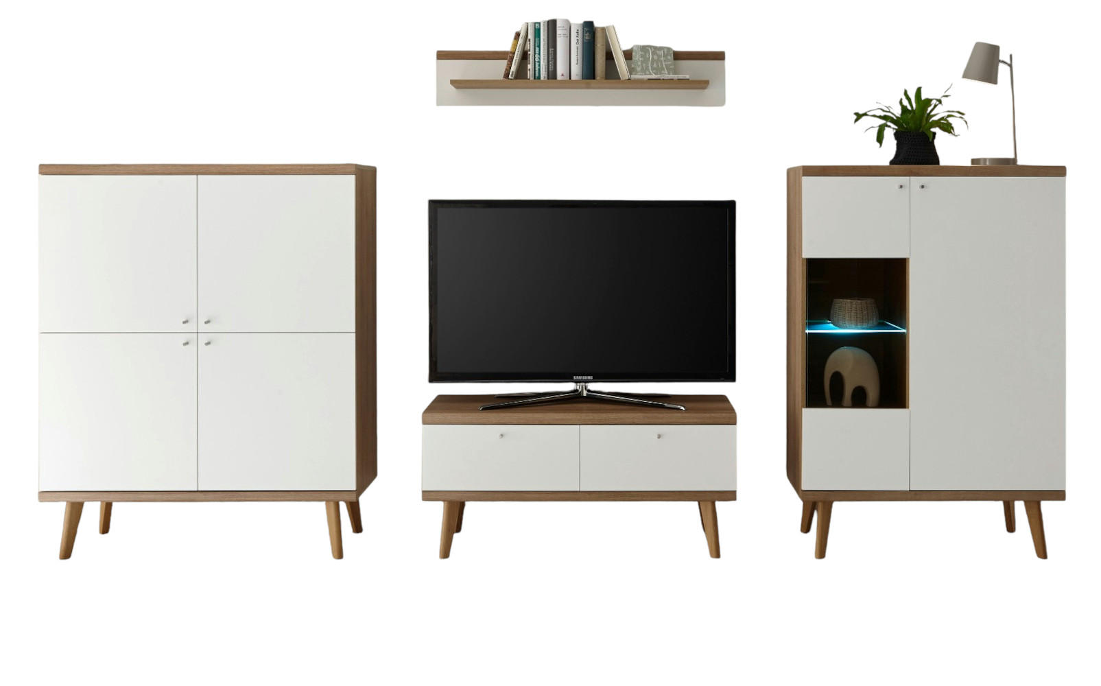 WOHNWAND weiß Eiche Riviera, Schrankwand skandinavisch 4-teilig 324 x 160 cm - Eichefarben/Weiß, Holzwerkstoff/Metall (324/160/40cm)